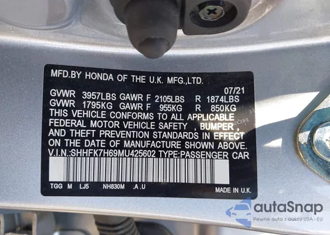 2021 Honda Civic Ex из США, поврежденный, VIN SHHFK7H69MU425602